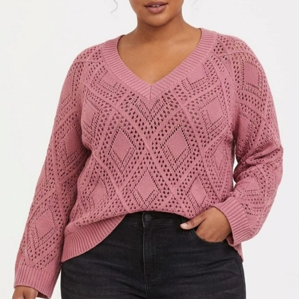 torrid Dusty Rose V-Neck Pointelle Knit Sweater